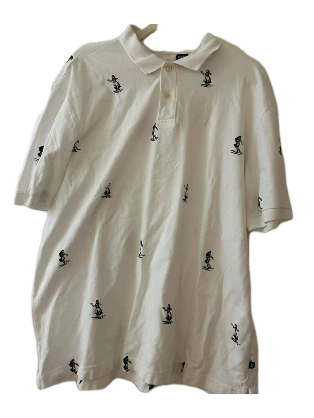 Chaps Dancing Hula Girl Pattern Men’s Polo Golf Short Sleeve Shirt White Size XL